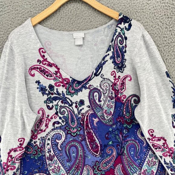 Chicos Sweater Womens 2 US Large Gray Multi Paisley VNeck Pullover Stretch Light - Picture 2 of 11
